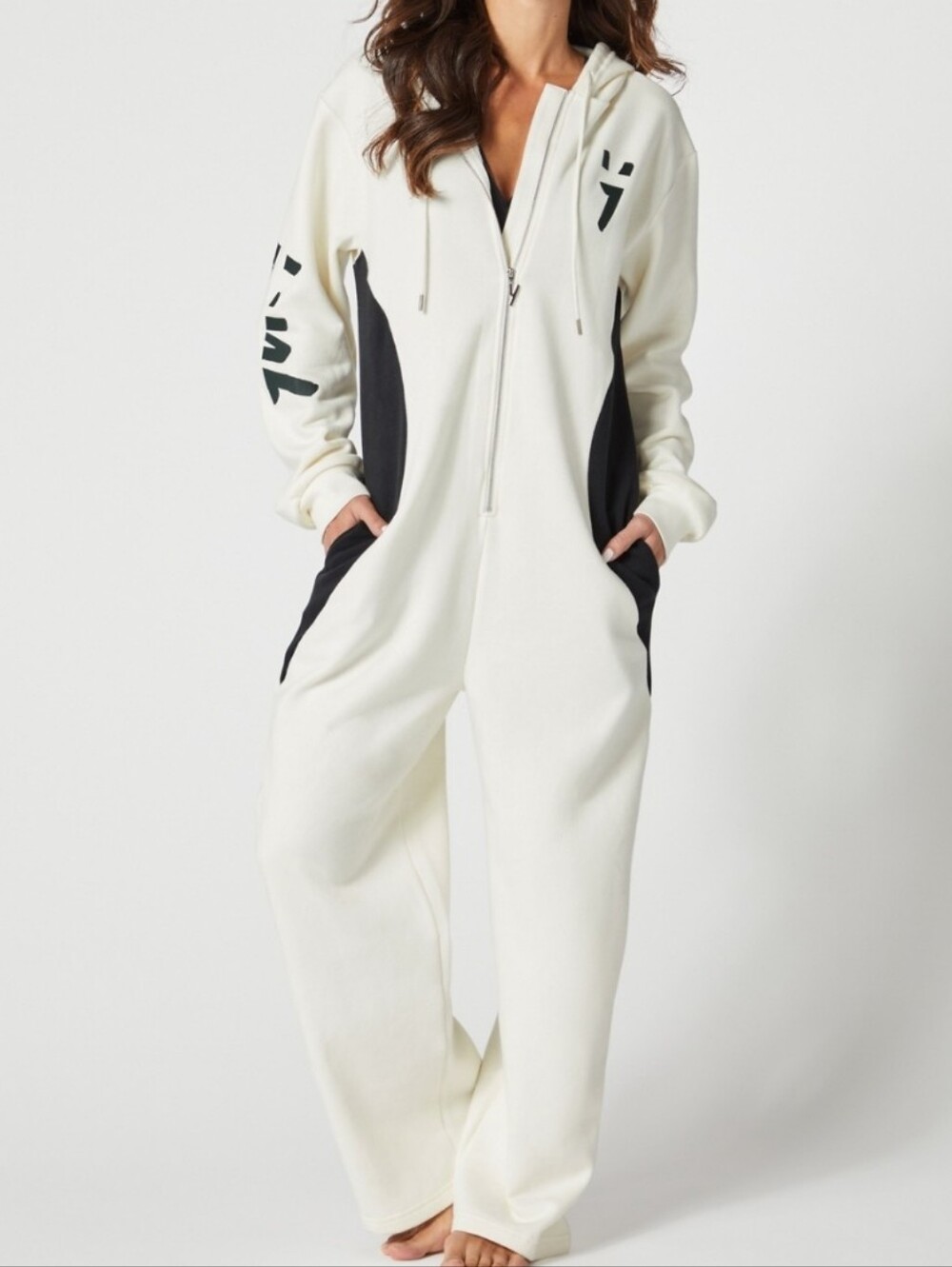 YITTY Cream Hooded Jumpsuit Onesie with Black Panels